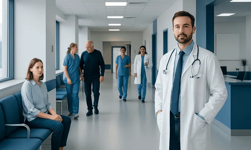 Medical team and patient in hospital corridor at Acibadem Hospitals Group.