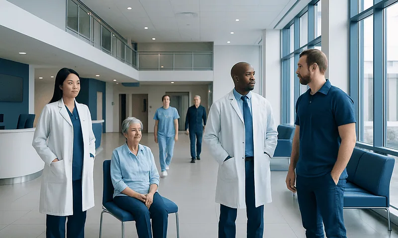 Medical team consulting with patient in hospital corridor.