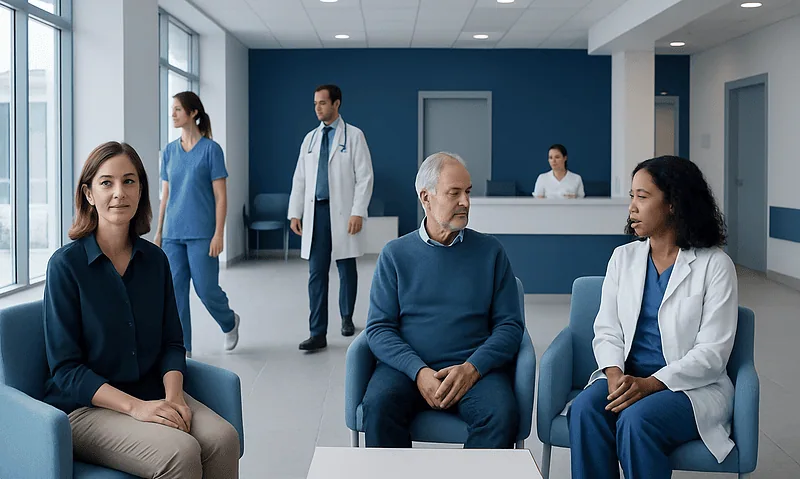 Medical consultation in a hospital waiting area with healthcare professionals and patients.