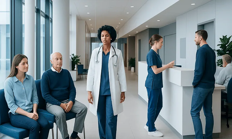 Healthcare professionals and patients in a modern hospital waiting area.
