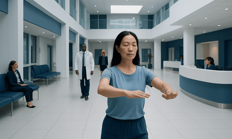 Woman practicing Qigong in a modern hospital lobby for health and wellness.