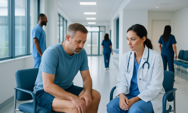 Patient consulting with doctor in hospital corridor.