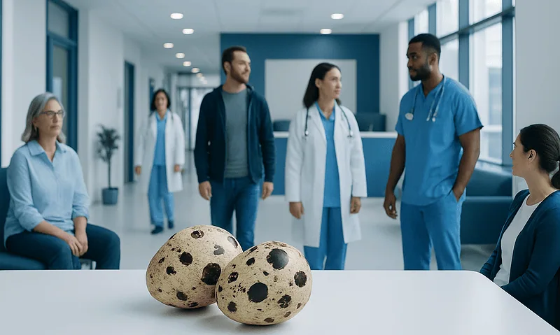 Medical team discussing in hospital with quail eggs on table in foreground.