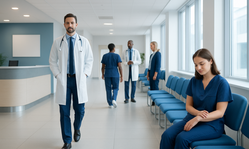 Medical team and patients in a modern hospital corridor.