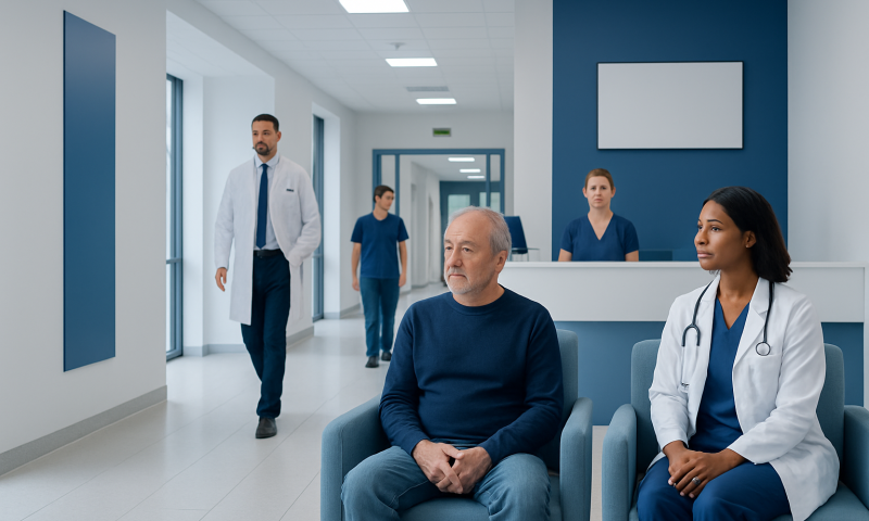Patients and medical staff in a modern hospital corridor.