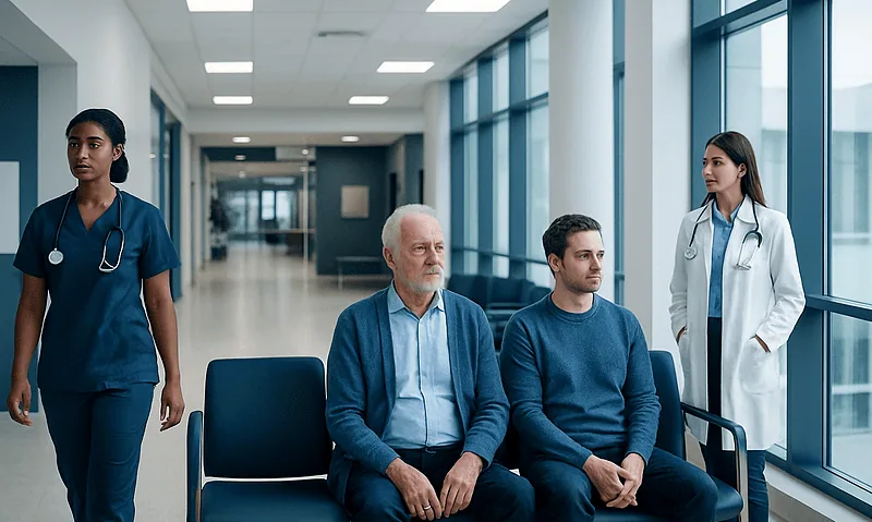 Patients waiting in a hospital corridor with medical staff nearby.
