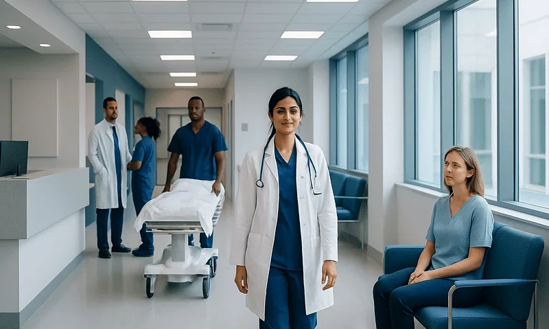 Healthcare professionals and patient in a modern hospital corridor.