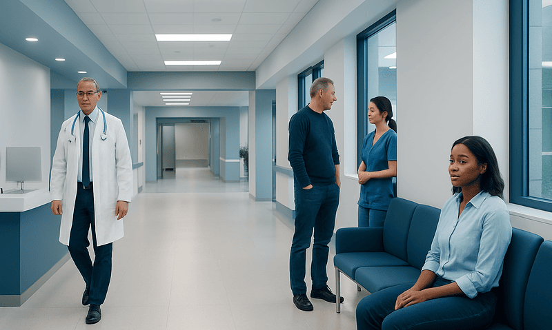 Medical professionals and patient in a hospital corridor at Acibadem Hospitals Group.