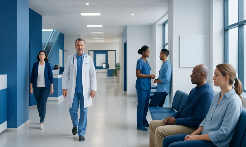 Healthcare professionals and patients in a modern hospital corridor.
