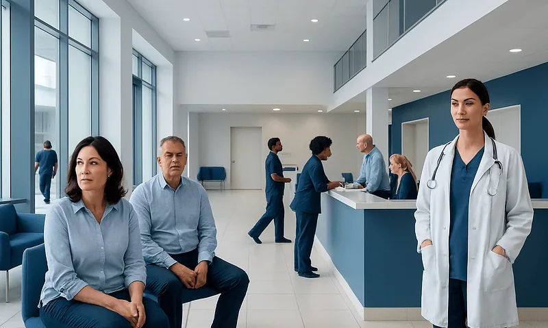 Patients waiting in a modern hospital lobby with medical staff and a doctor on duty.