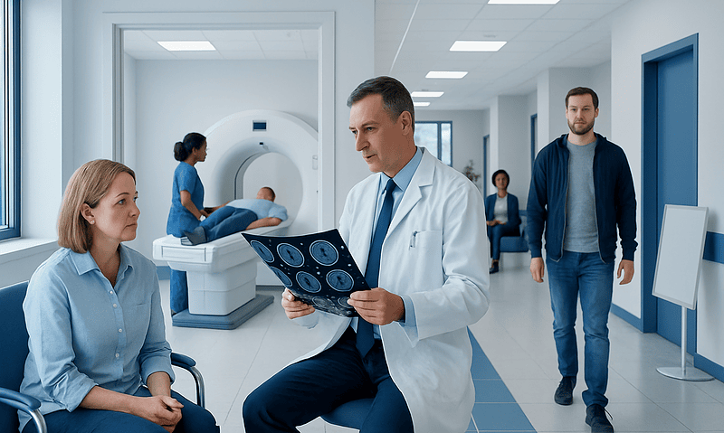 Doctor explaining scan results to a patient in a hospital corridor.