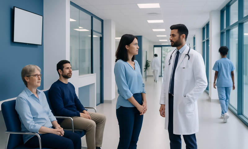 Medical consultation in a modern hospital corridor with healthcare professionals and patients.