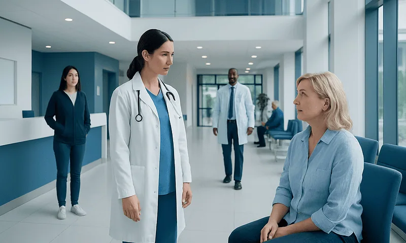 Medical team discussing patient care in a modern hospital lobby.