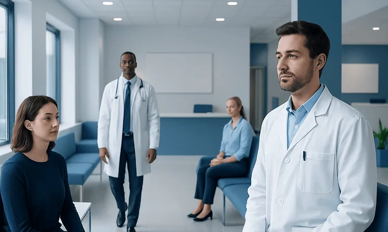 Doctors consulting with a patient in a modern hospital waiting area.