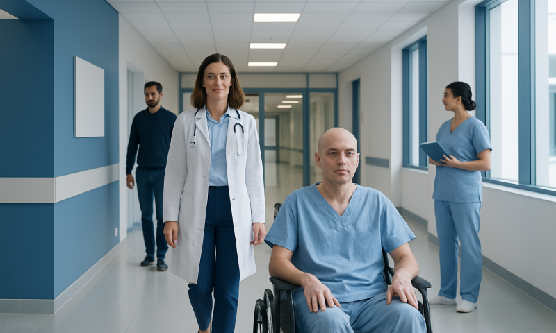 Radiation Poisoning — Explained by Medical Evidence, Not Myths 6 Medical team with patient in hospital corridor at Acibadem Hospitals Group.