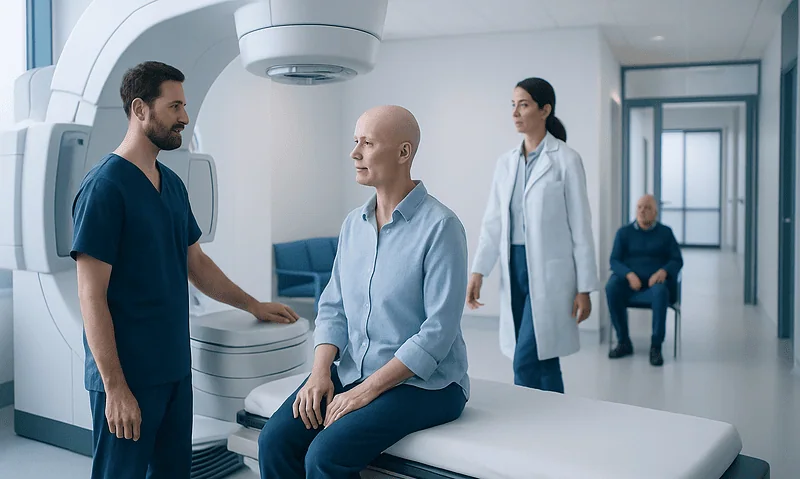 Patient undergoing radiation therapy consultation at Acibadem Hospital.