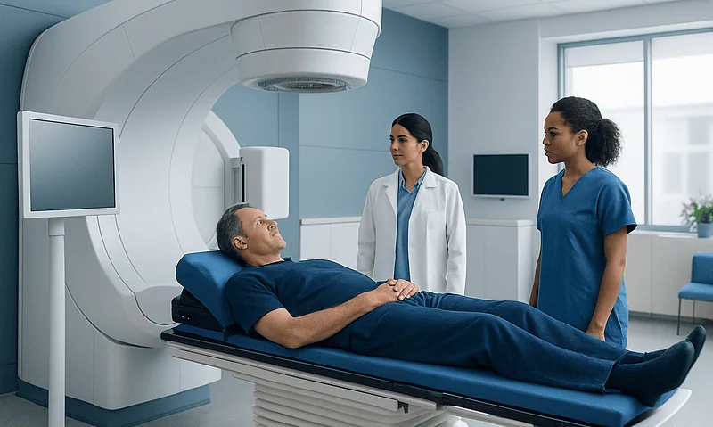 Patient undergoing radiation therapy in a modern medical facility.