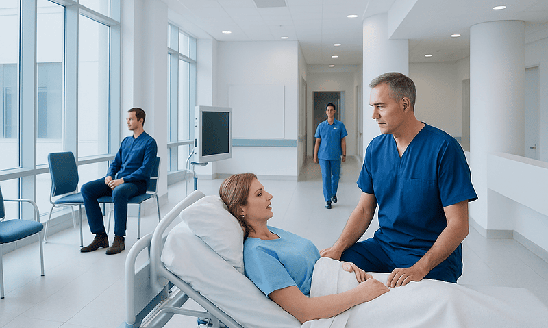 Medical consultation in a modern hospital room with a patient and healthcare professionals.