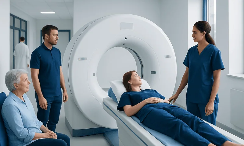 Patient undergoing MRI scan at Acibadem Hospital for radiology diagnosis.