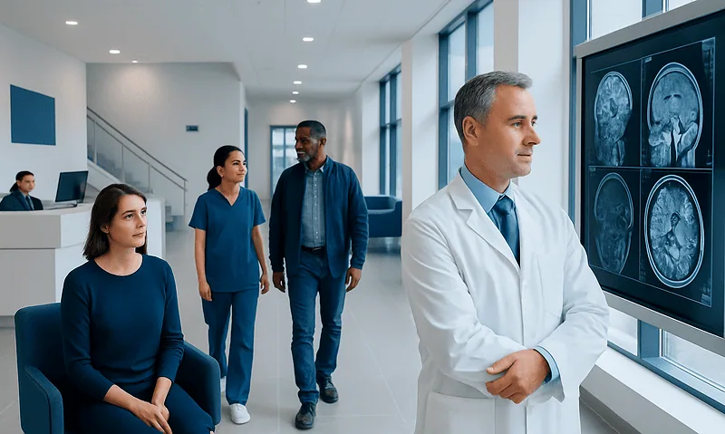 Radiomics Explained: How Advanced Scan Analysis May Support Cancer Diagnosis 1 Medical team reviewing brain scan images in a modern hospital setting.