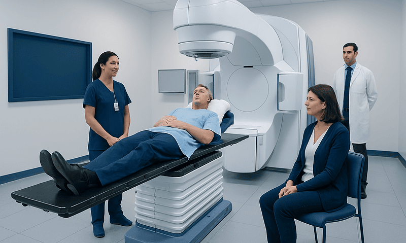 Patient undergoing radiotherapy treatment with medical staff in a modern hospital room.