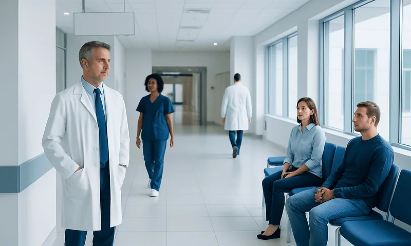 Doctors and patients in a modern hospital corridor at Acibadem Hospitals Group.