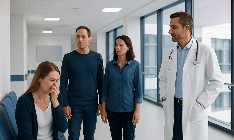 Doctor consulting with patients in hospital corridor.