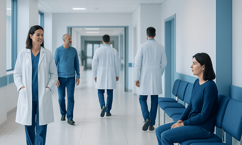 Healthcare professionals and patient in hospital corridor at Acibadem Hospitals Group.