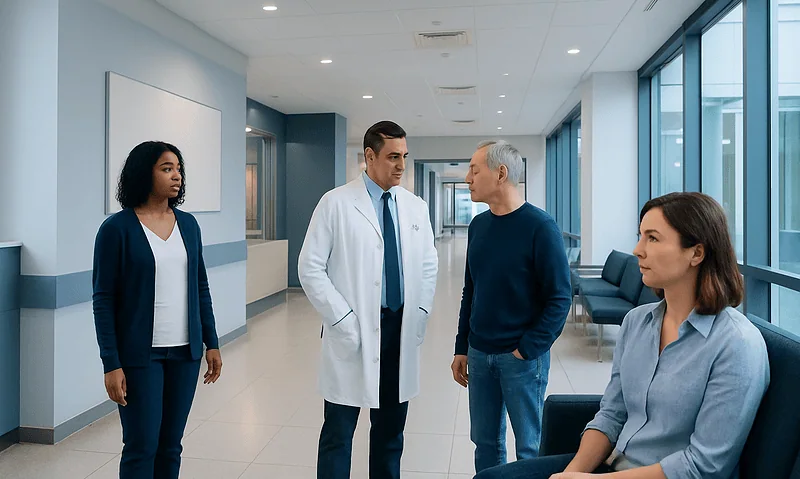 Medical team consulting with patient in hospital corridor.