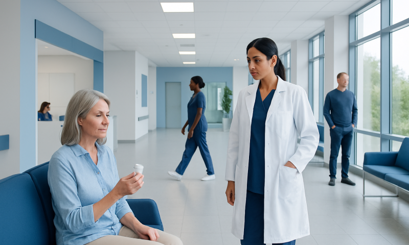 Patient consulting with doctor in hospital corridor at Acibadem Hospitals Group.
