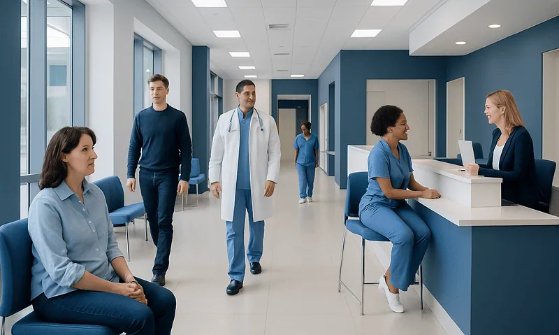 Modern hospital reception area with staff and patients.
