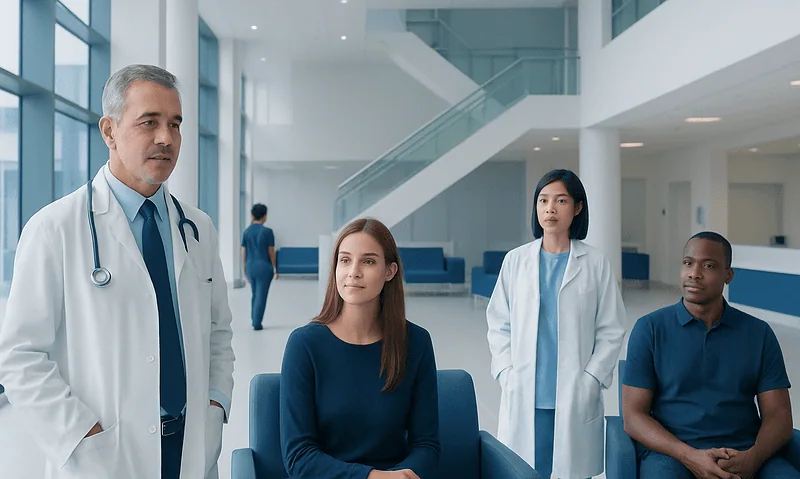 Medical team in hospital lobby with doctor and patients.
