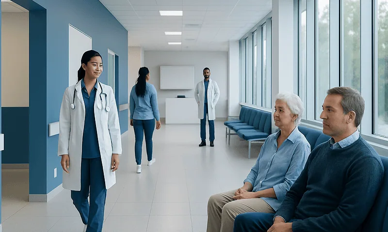 Healthcare professionals and patients in a modern hospital corridor.