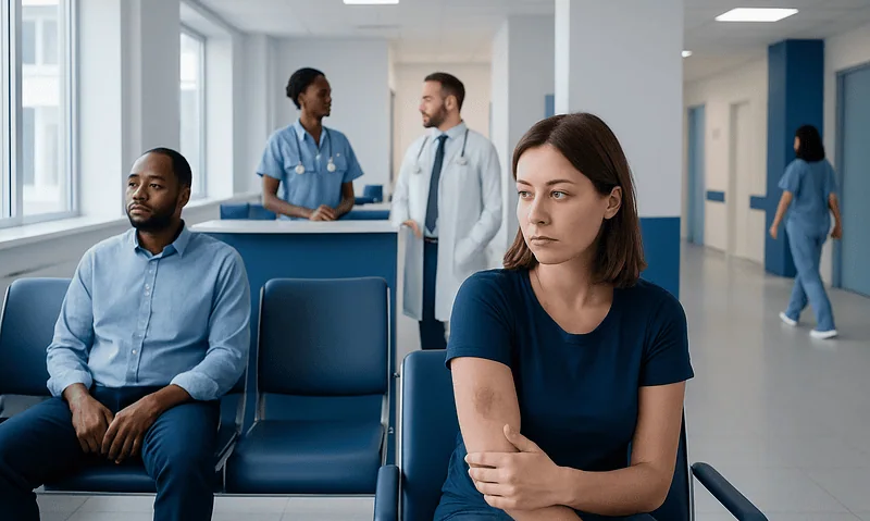 Patients waiting in a hospital corridor with medical staff in the background.