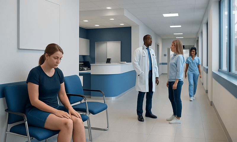 Young woman with bruises on legs sitting in hospital corridor.
