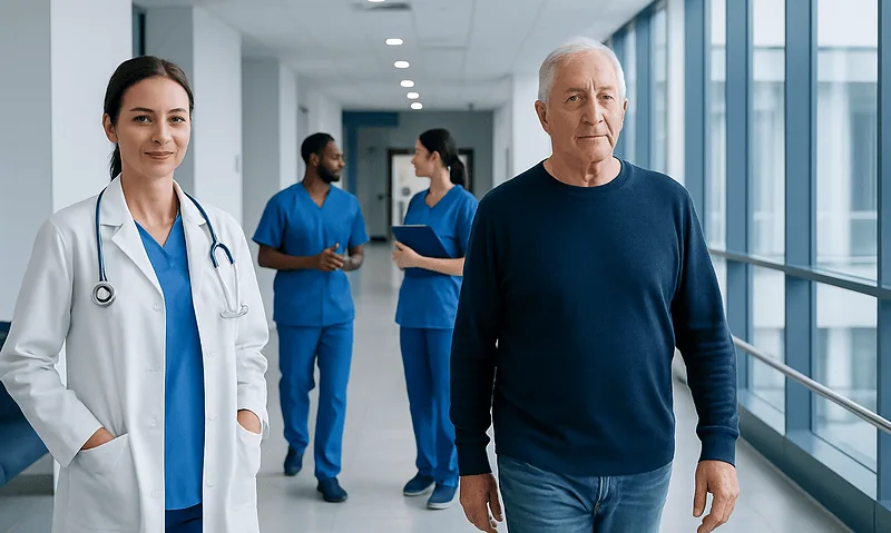 Healthcare professionals and a patient in a modern hospital corridor.