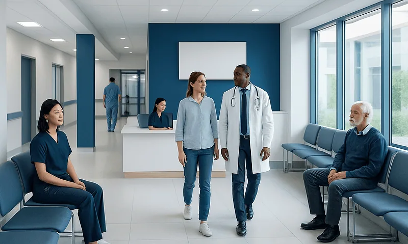 Healthcare professionals and patients in a modern hospital waiting area.