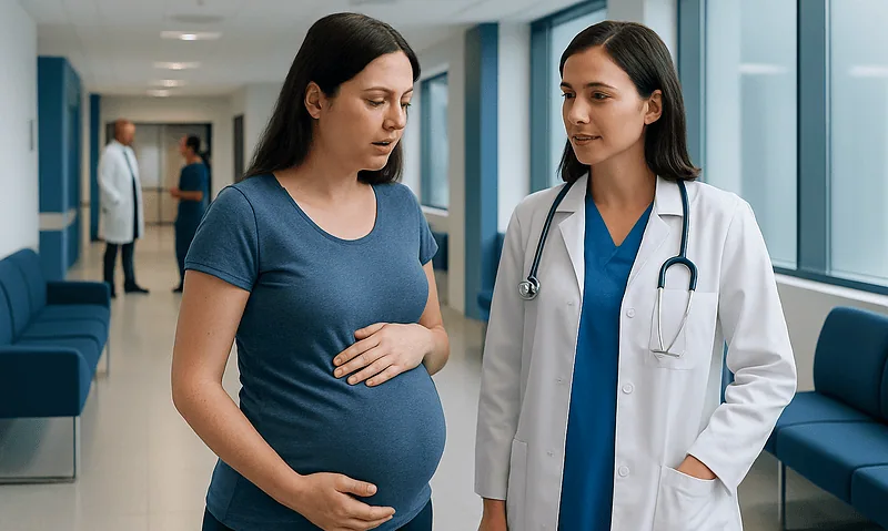 Pregnant woman consulting with a doctor in a hospital corridor.