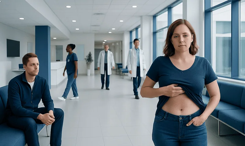 Rash Under Breast Pictures: Possible Causes and When to Seek Care 5 Young woman with abdominal discomfort in hospital corridor.