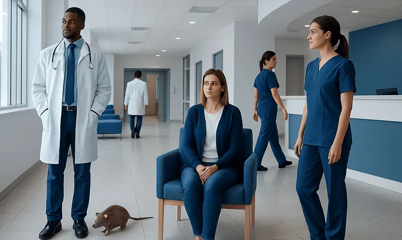 Medical staff and patient in hospital lobby with rat and poison on the floor.
