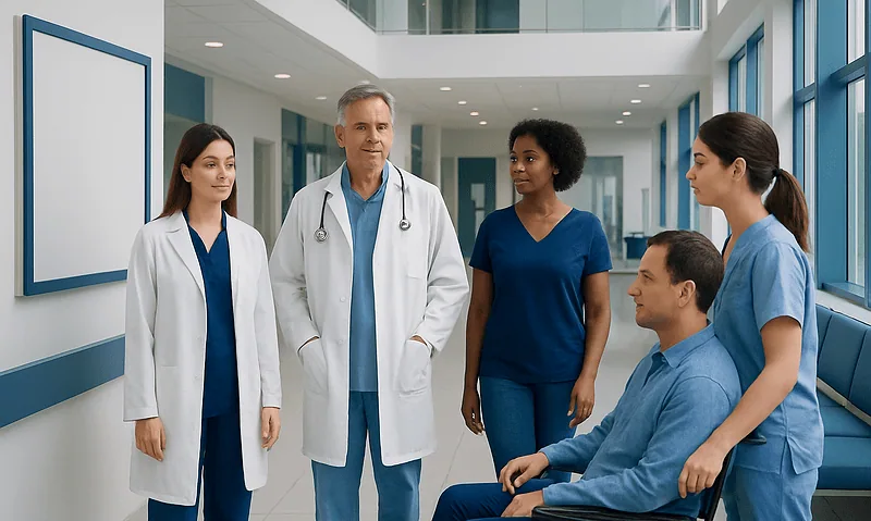 Medical team discussing patient care in hospital corridor.