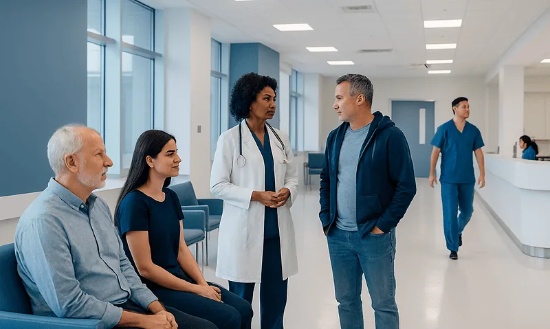 Medical staff and patients in a hospital waiting area.