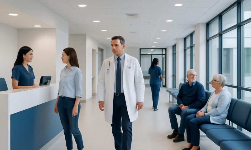Healthcare professionals and patients in a modern hospital corridor.