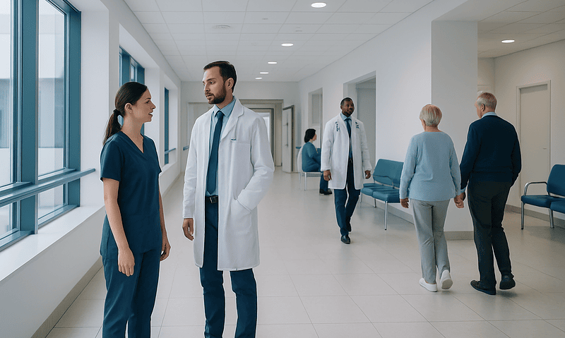 Medical staff and patients in a modern hospital corridor.