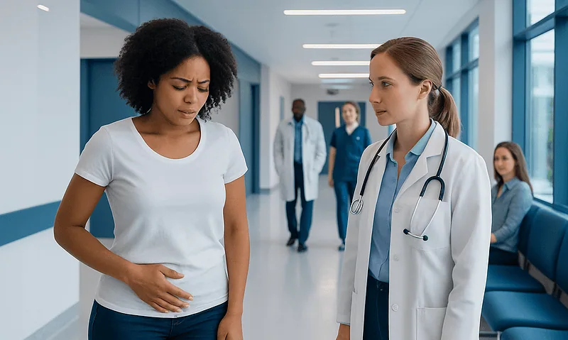 Patient experiencing abdominal pain during a hospital visit.