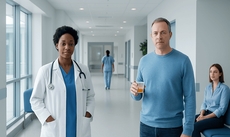 RBC in urine: Common Causes, Warning Signs, and When to See a Doctor 6 Doctor and patient in hospital corridor with medical staff in background.