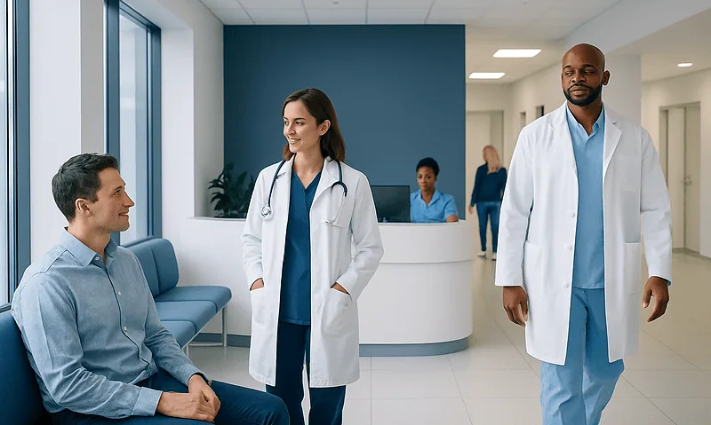 RDW Blood Test: What Low and High Levels Mean — and What to Do Next 5 Doctors and patient in a hospital waiting area at Acibadem Hospitals Group.
