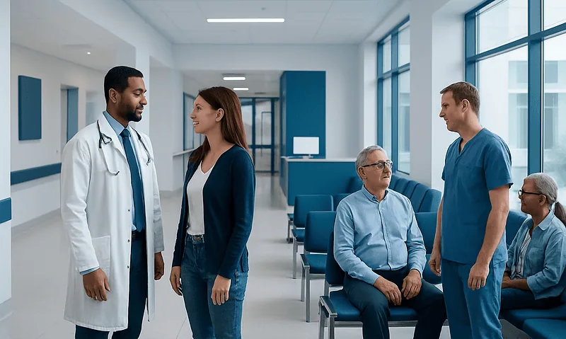 Medical team consulting with patients in hospital corridor.