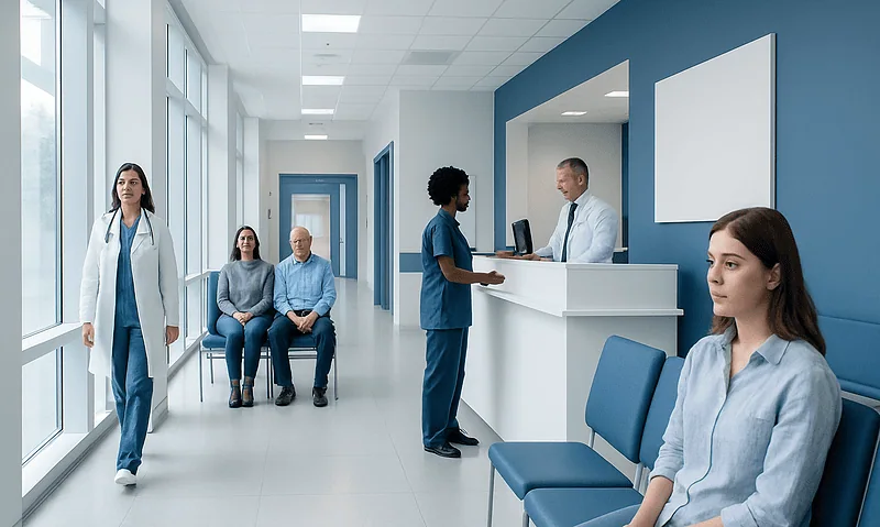 Medical staff and patients in a modern hospital corridor.