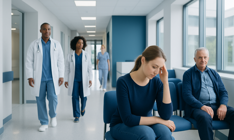 Patient experiencing discomfort in a hospital waiting area with medical staff nearby.